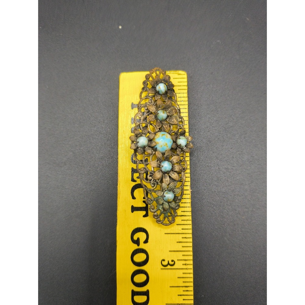 Vintage 1920-30s Czech Brass Filigree Brooch Pin Turquoise Glass Cabochons Art - Picture 7 of 9